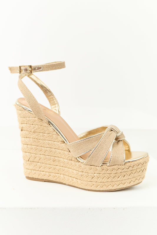 Beige and Gold Raffia Knot Strap Espadrille Wedges