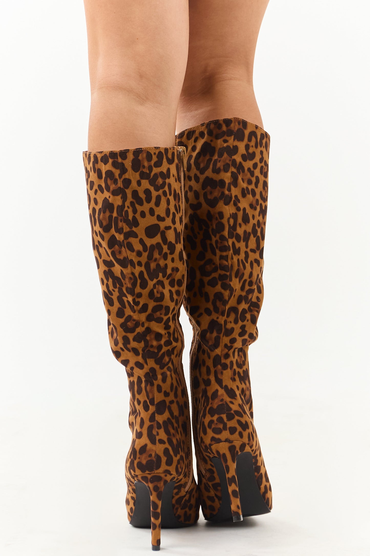 Caramel Faux Suede Leopard Print Stiletto Tall Boots
