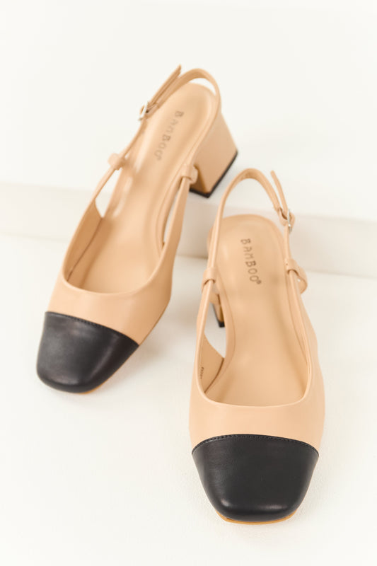 Beige Contrast Square Toe Faux Leather Heels