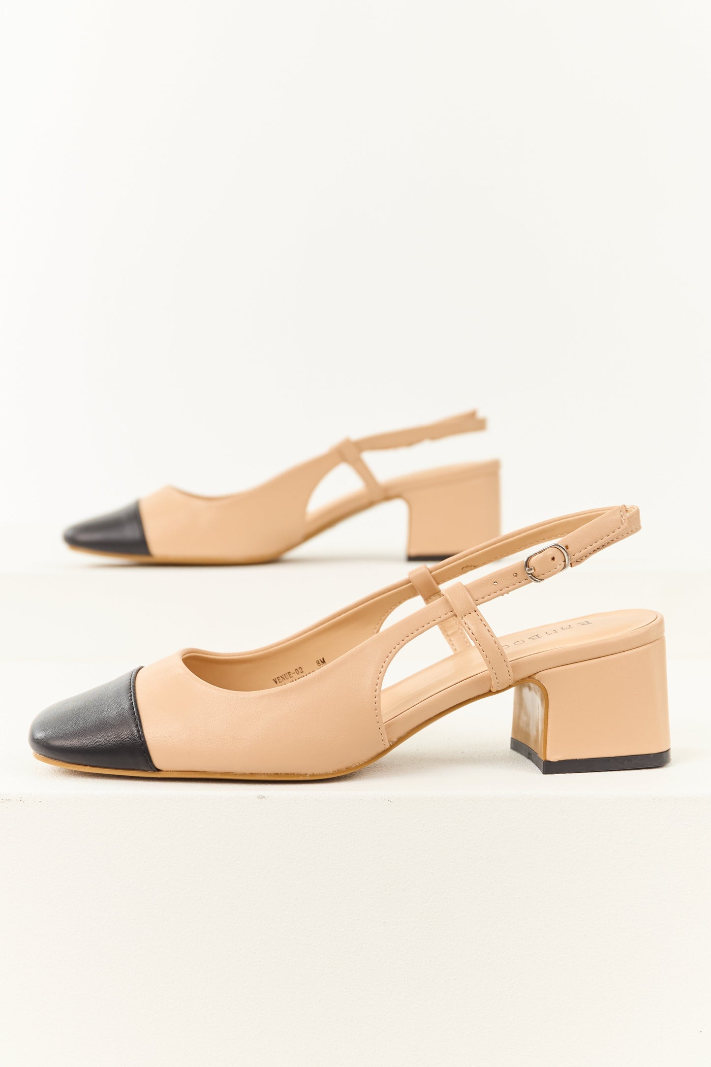 Beige Contrast Square Toe Faux Leather Heels