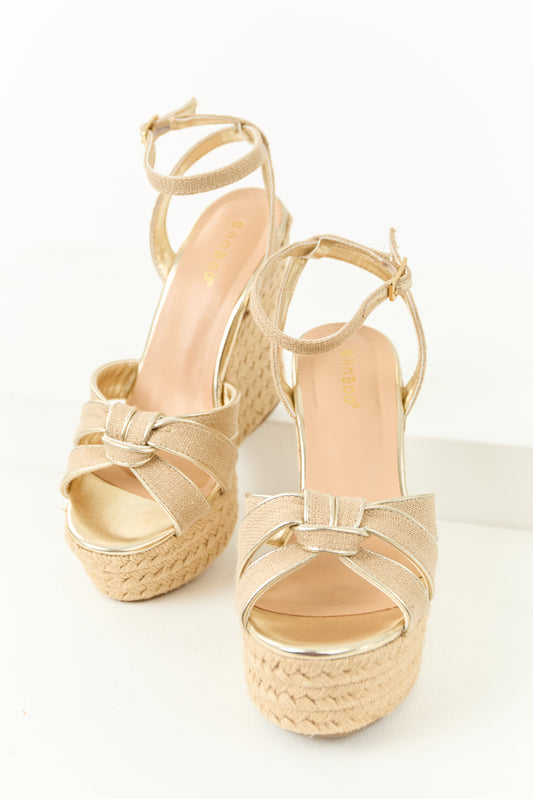 Beige and Gold Raffia Knot Strap Espadrille Wedges