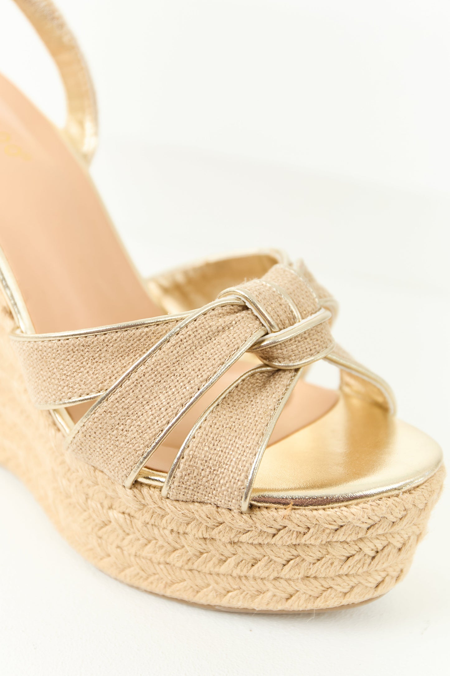 Beige and Gold Raffia Knot Strap Espadrille Wedges