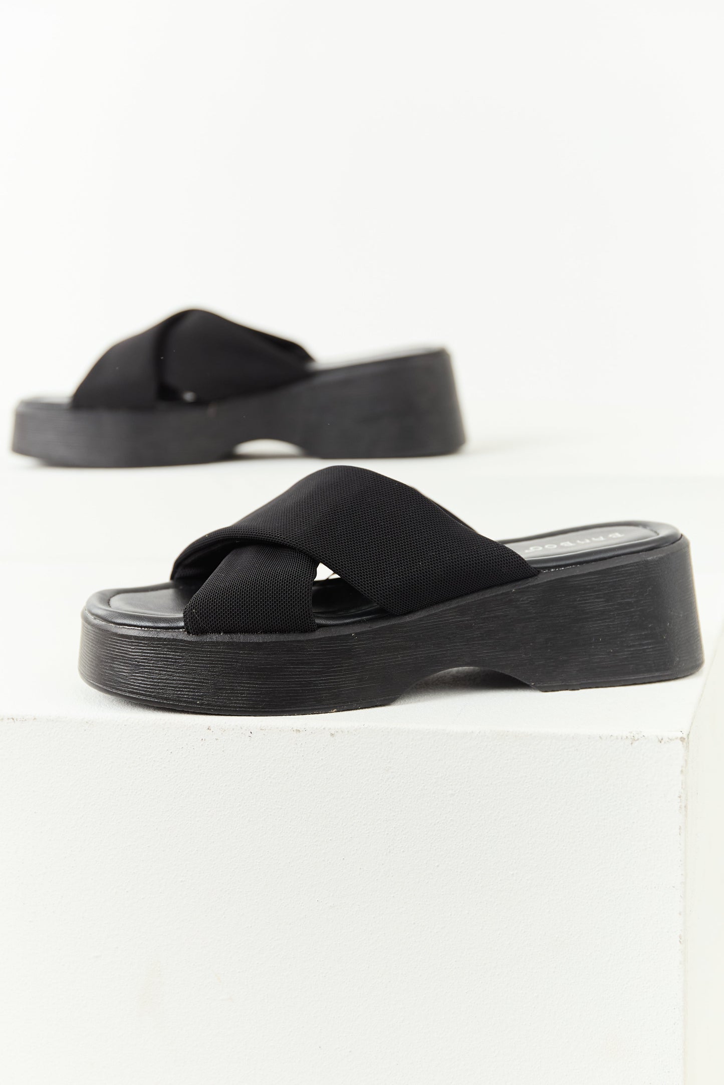 Black Cross Strap Slip On Open Toe Platforms