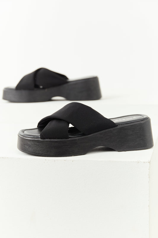 Black Cross Strap Slip On Open Toe Platforms