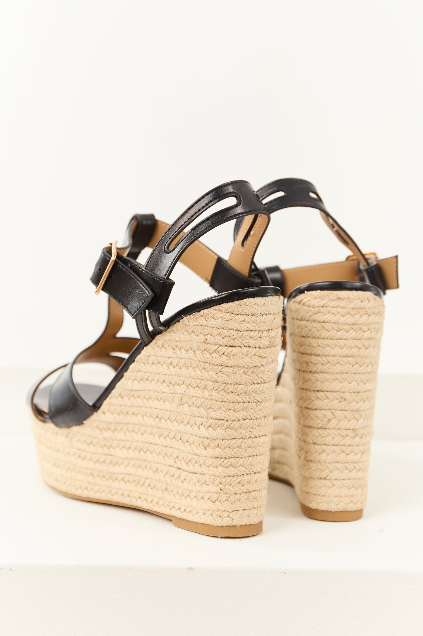 Black Cut Out T Strap Espadrille Platform Wedges