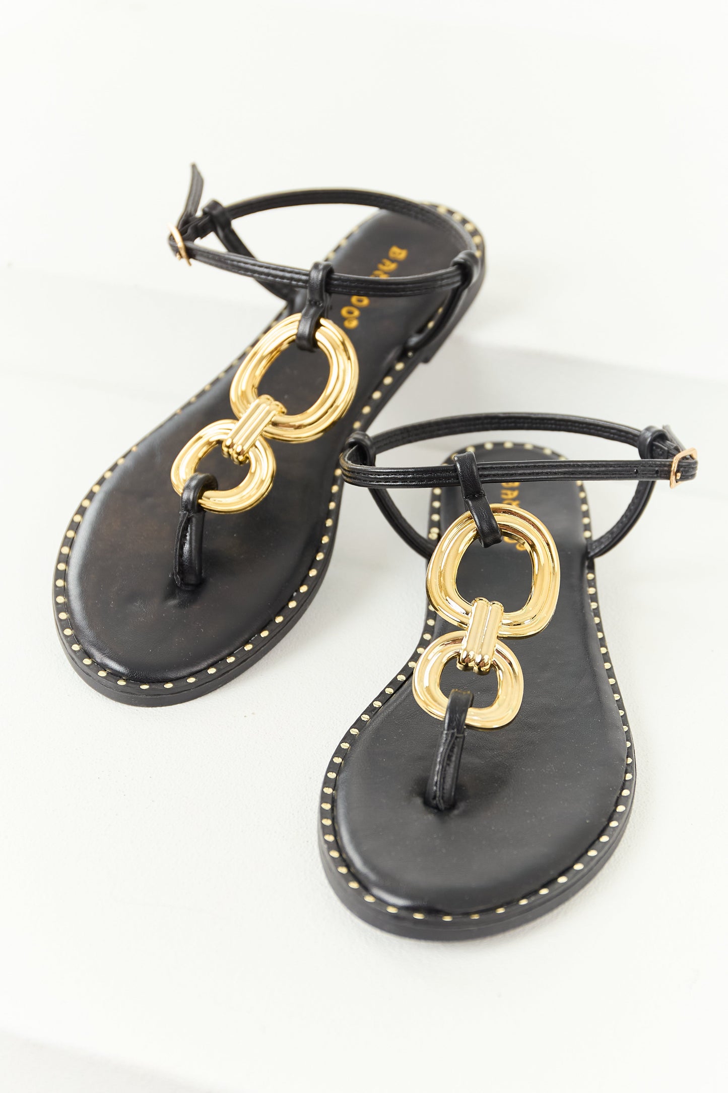 Black Double Gold Ring T-Strap Thong Sandals