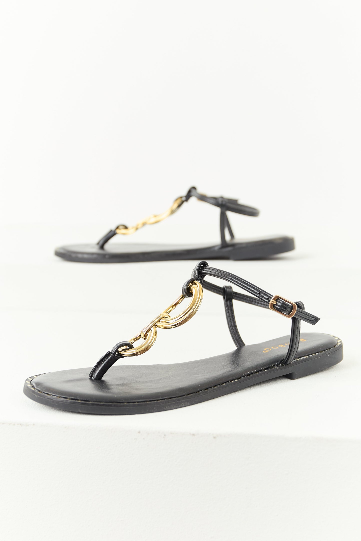 Black Double Gold Ring T-Strap Thong Sandals