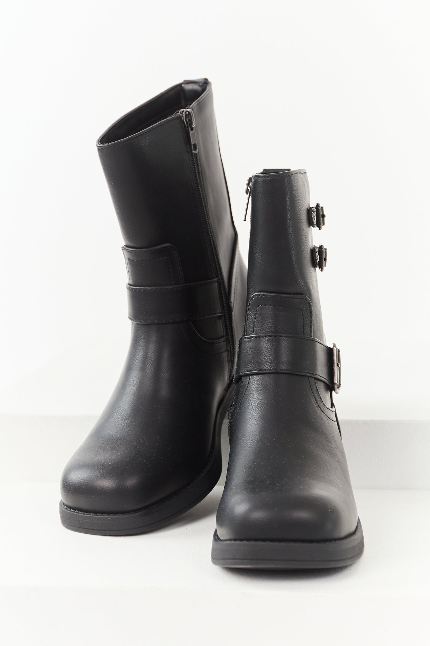 Black Faux Leather Buckle Detail Block Heel Boots