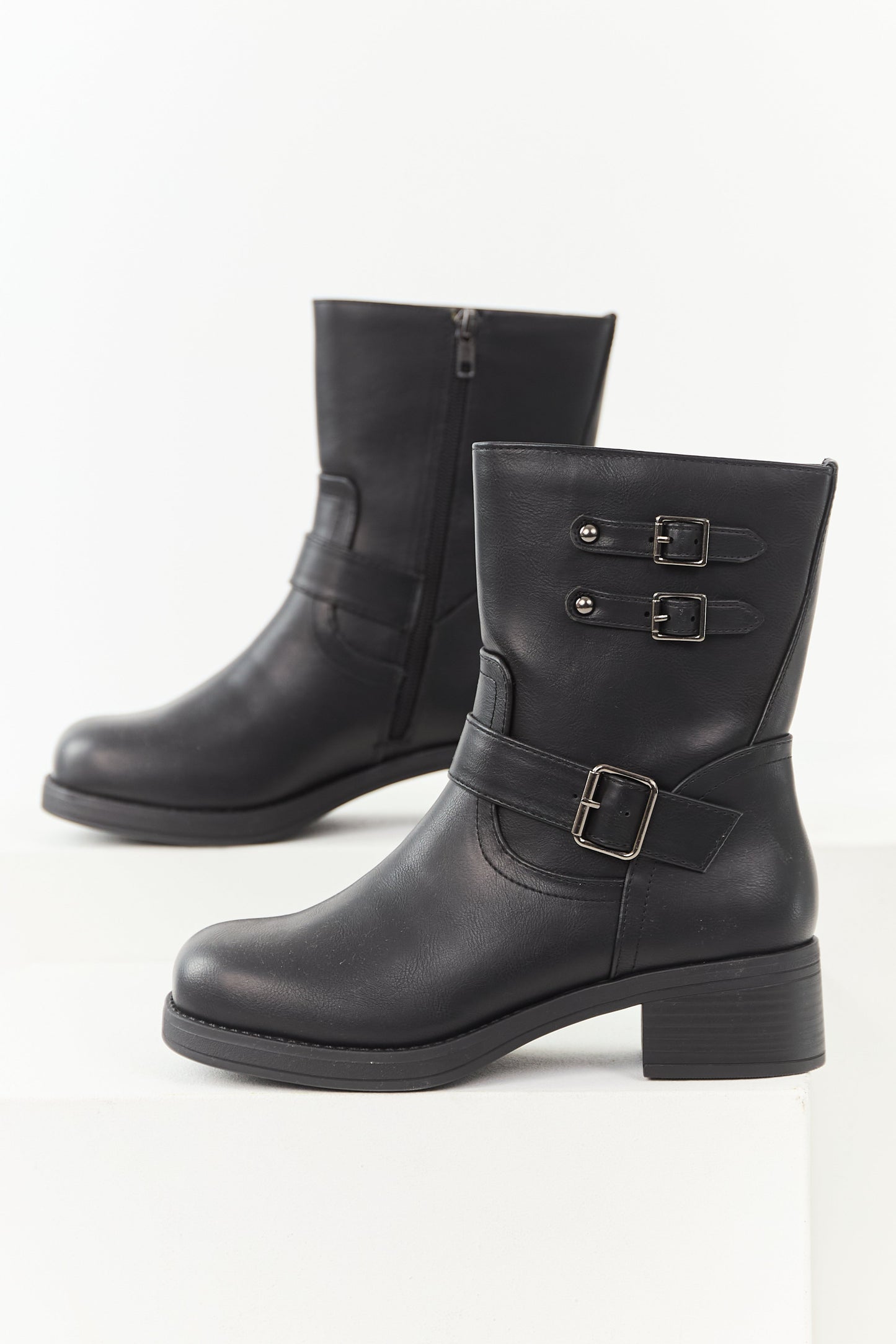 Black Faux Leather Buckle Detail Block Heel Boots