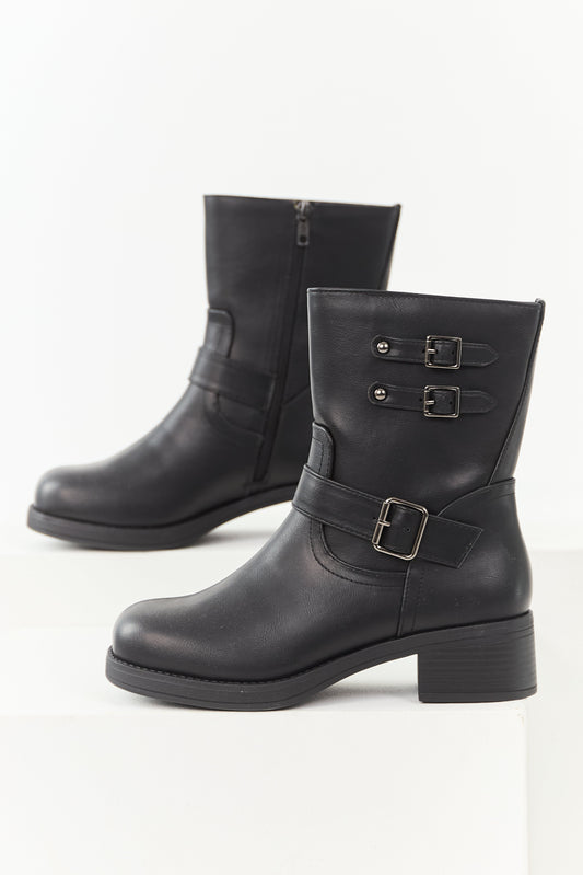 Black Faux Leather Buckle Detail Block Heel Boots