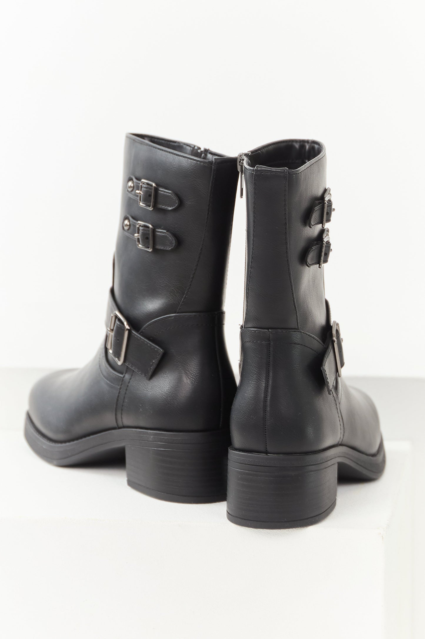 Black Faux Leather Buckle Detail Block Heel Boots