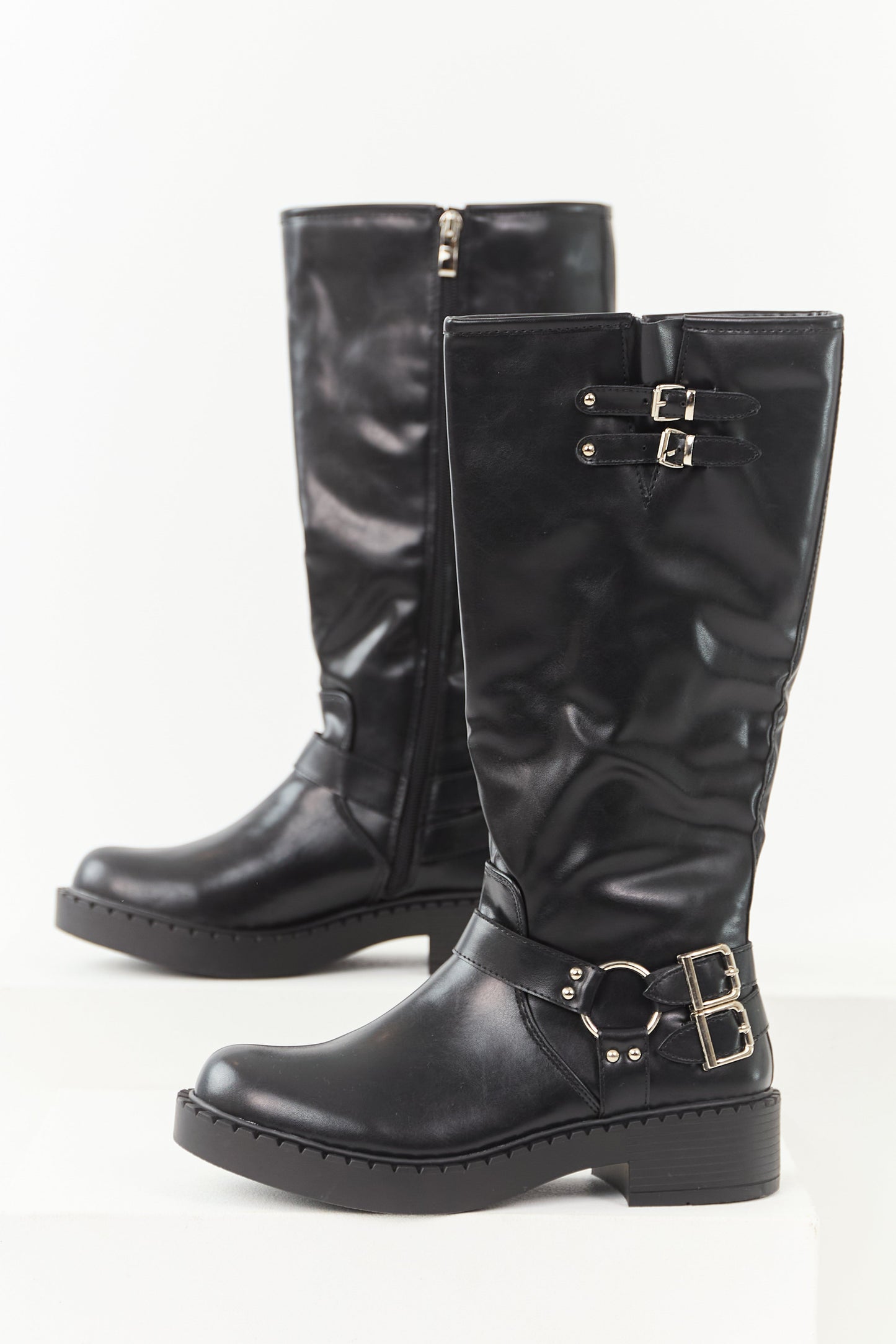Black Faux Leather Buckle Detail Tall Boots