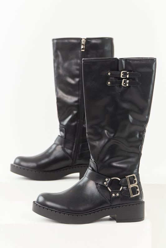 Black Faux Leather Buckle Detail Tall Boots