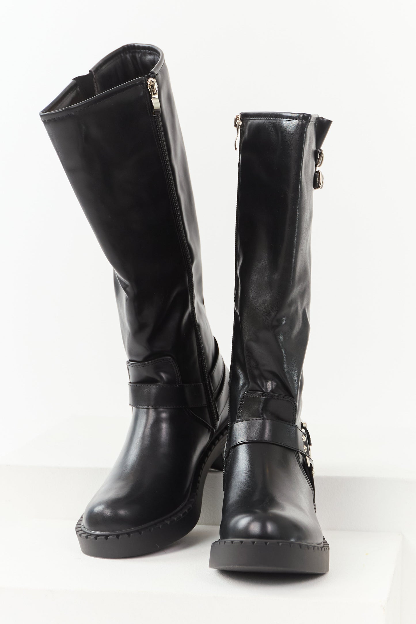 Black Faux Leather Buckle Detail Tall Boots