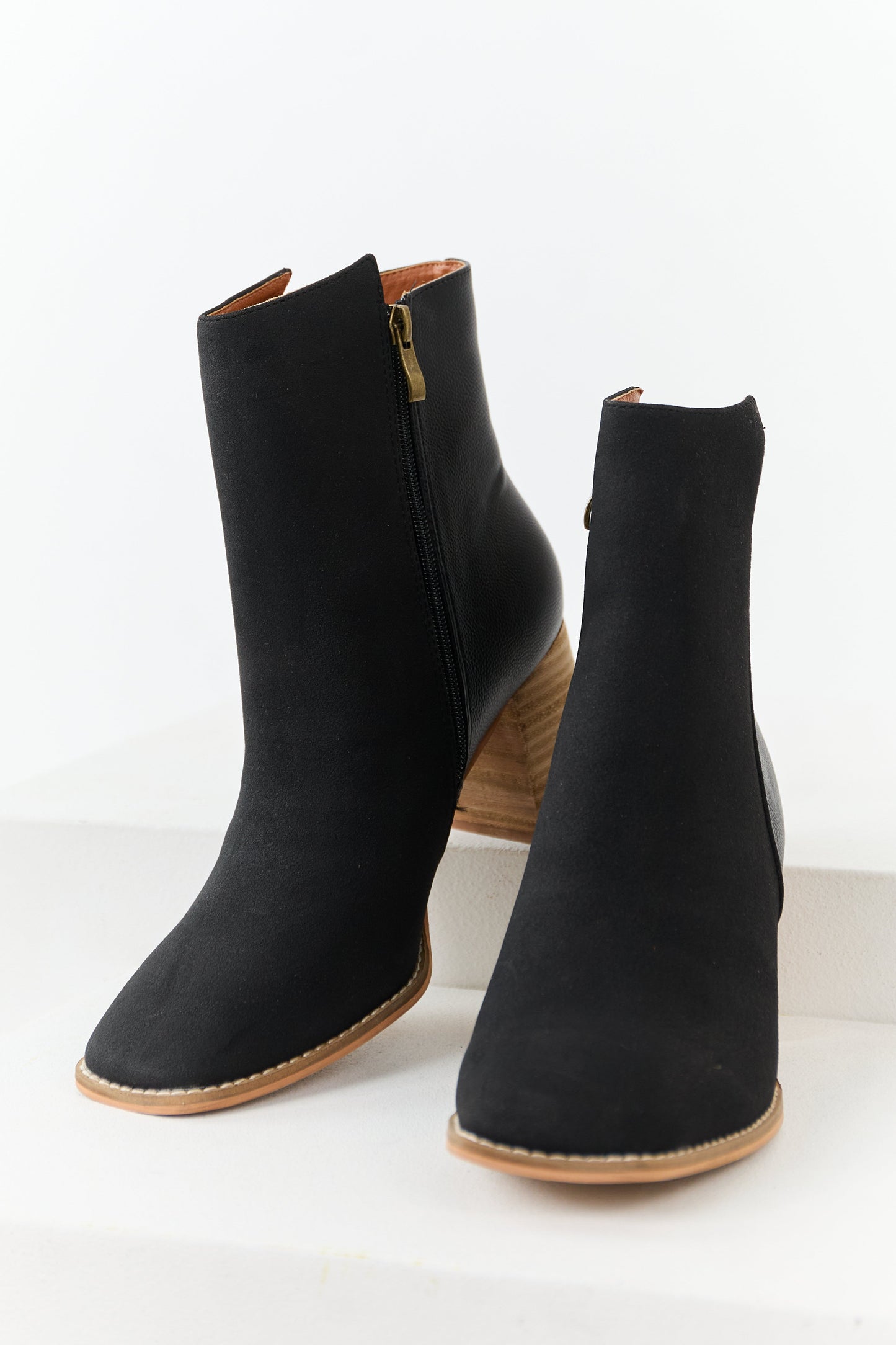 Black Faux Leather Contrast Heeled Booties