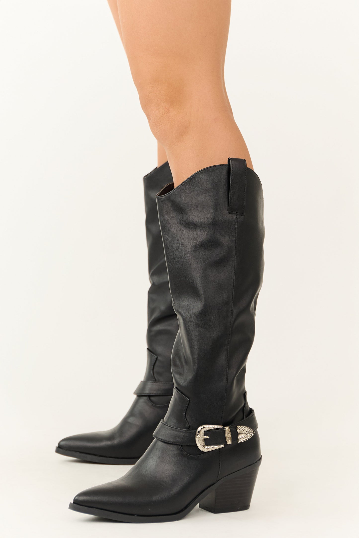 Black Faux Leather Pointed Toe Buckle Boot