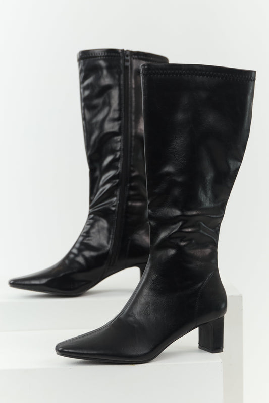 Black Faux Leather Pointed Toe Tall Block Heel Boots