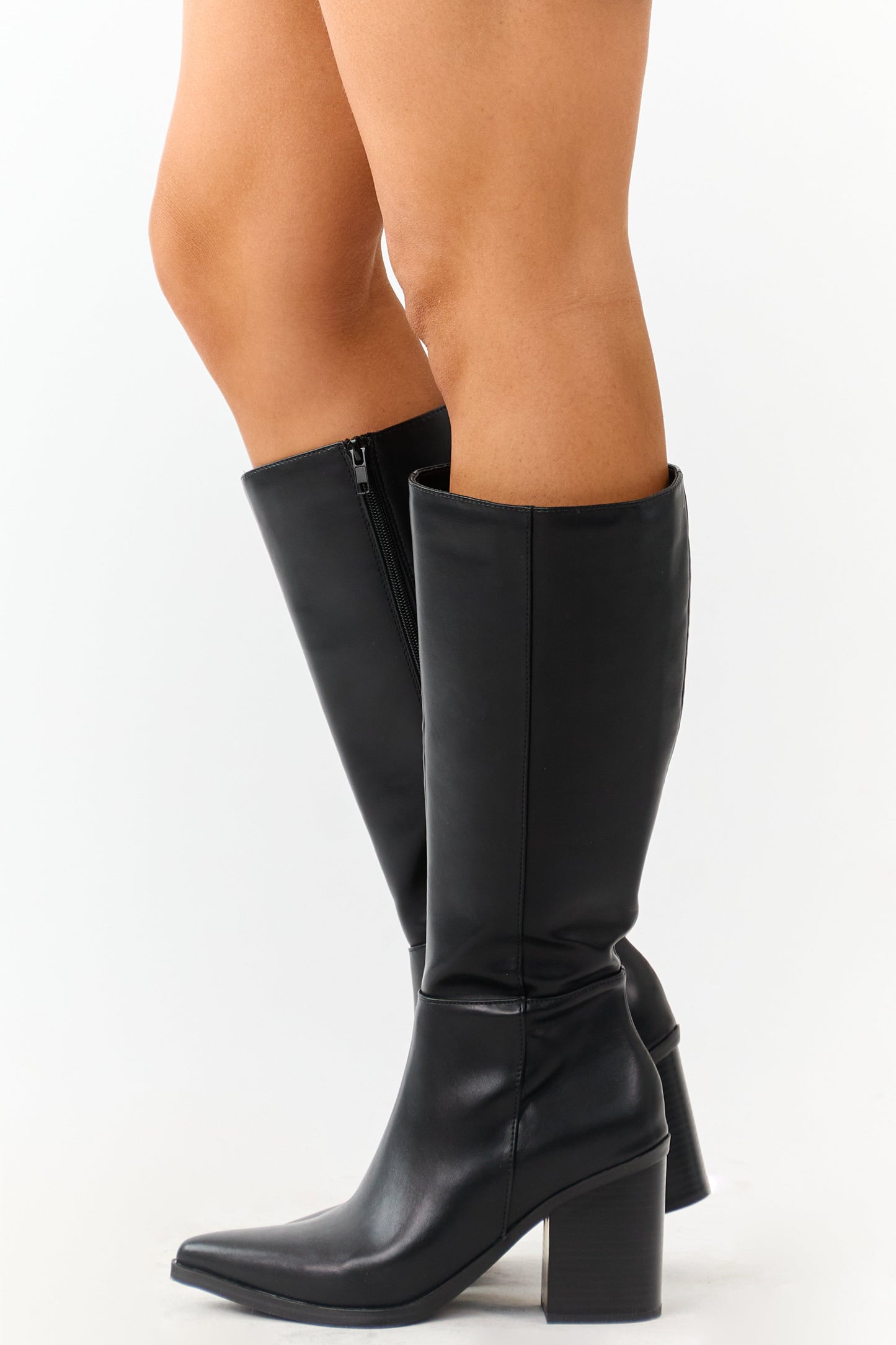 Black Faux Leather Pointed Toe Tall Boots