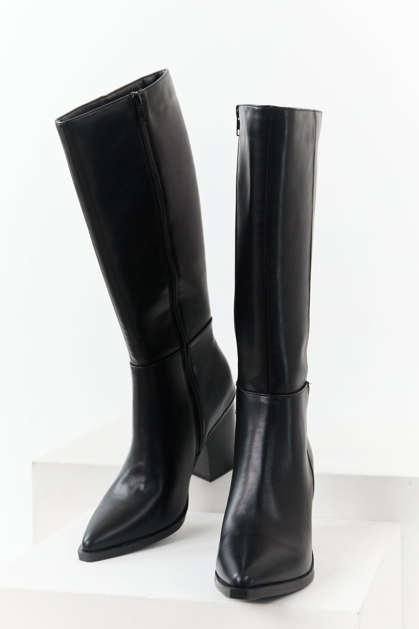 Black Faux Leather Pointed Toe Tall Boots