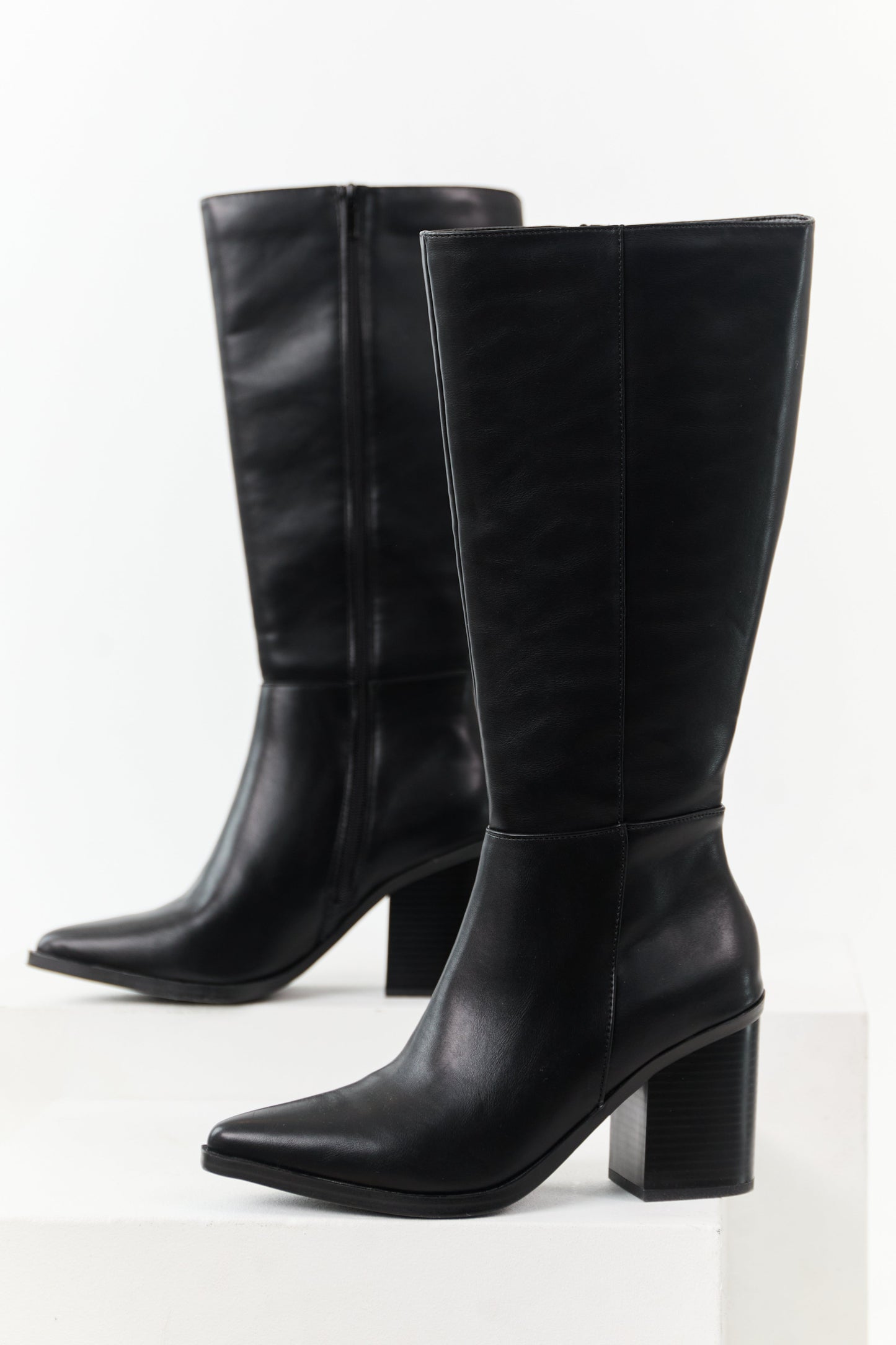 Black Faux Leather Pointed Toe Tall Boots