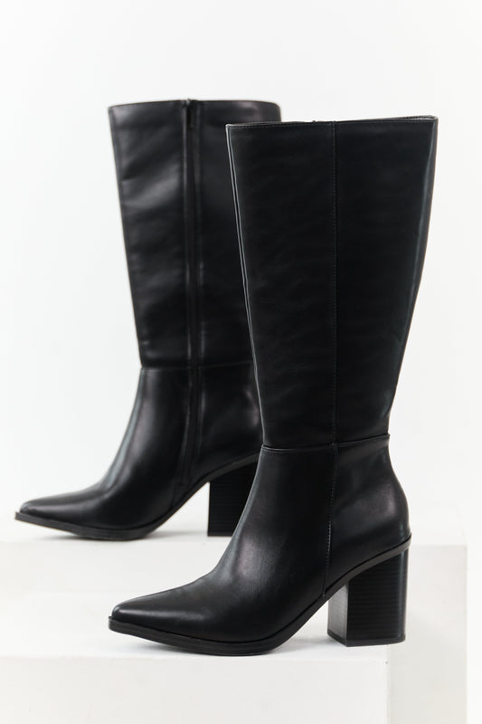 Black Faux Leather Pointed Toe Tall Boots