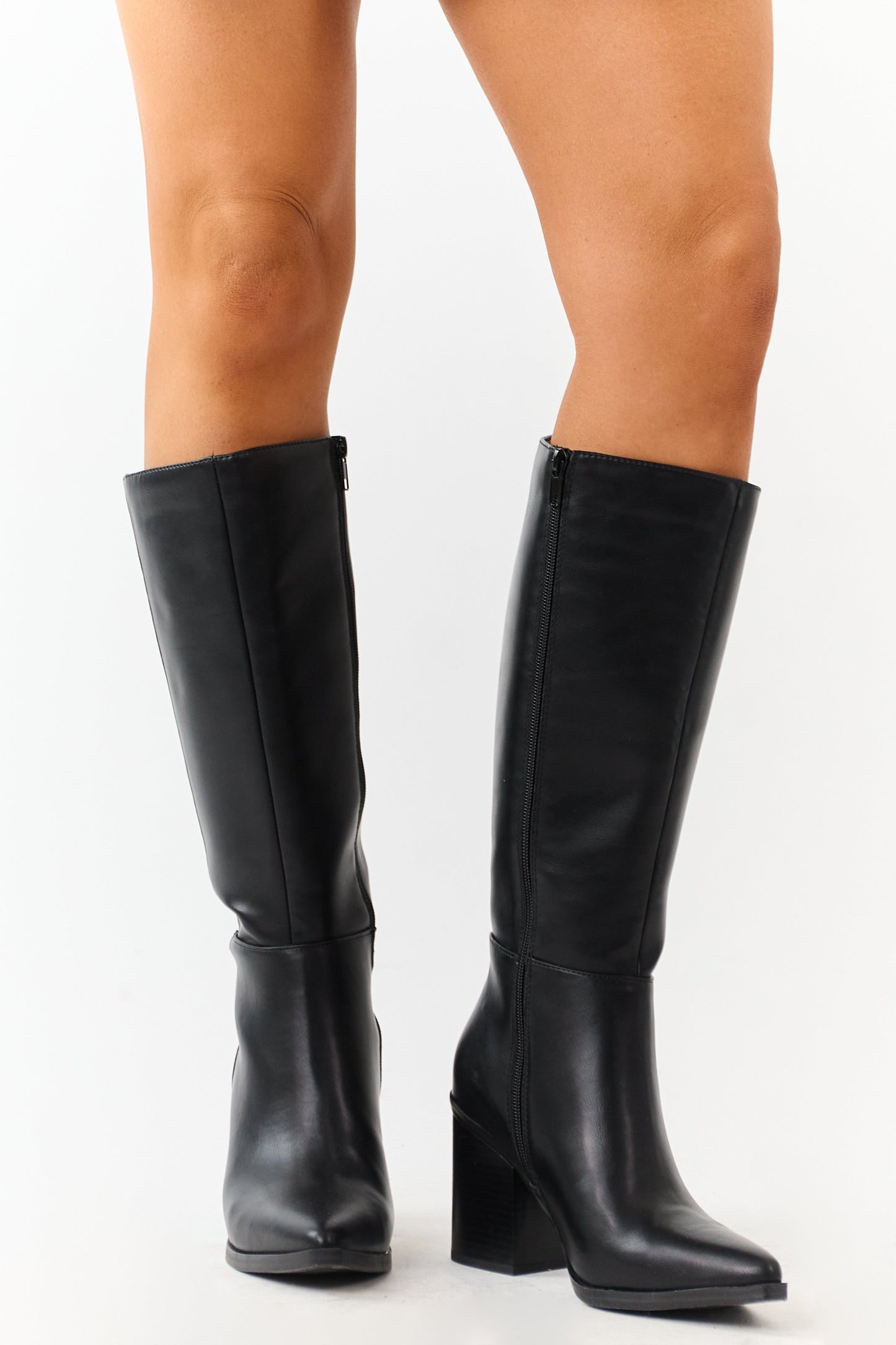 Black Faux Leather Pointed Toe Tall Boots