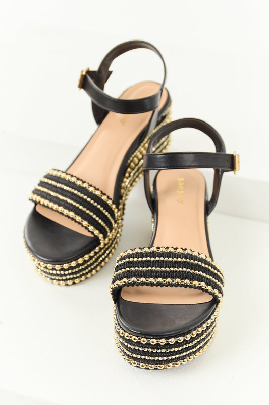 Black Open Toe Gold Bead Platform Wedges