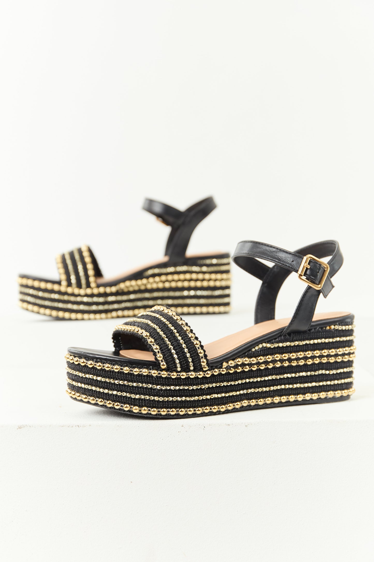 Black Open Toe Gold Bead Platform Wedges