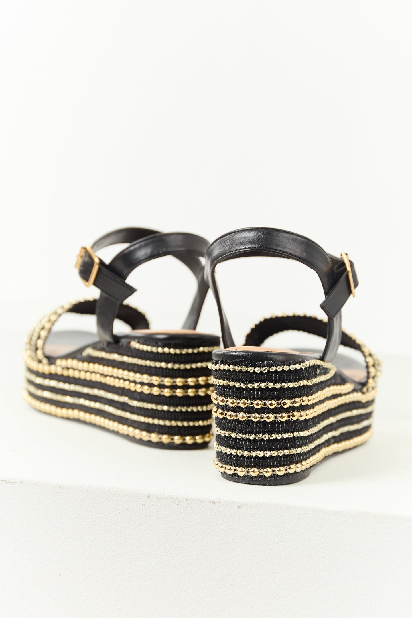 Black Open Toe Gold Bead Platform Wedges