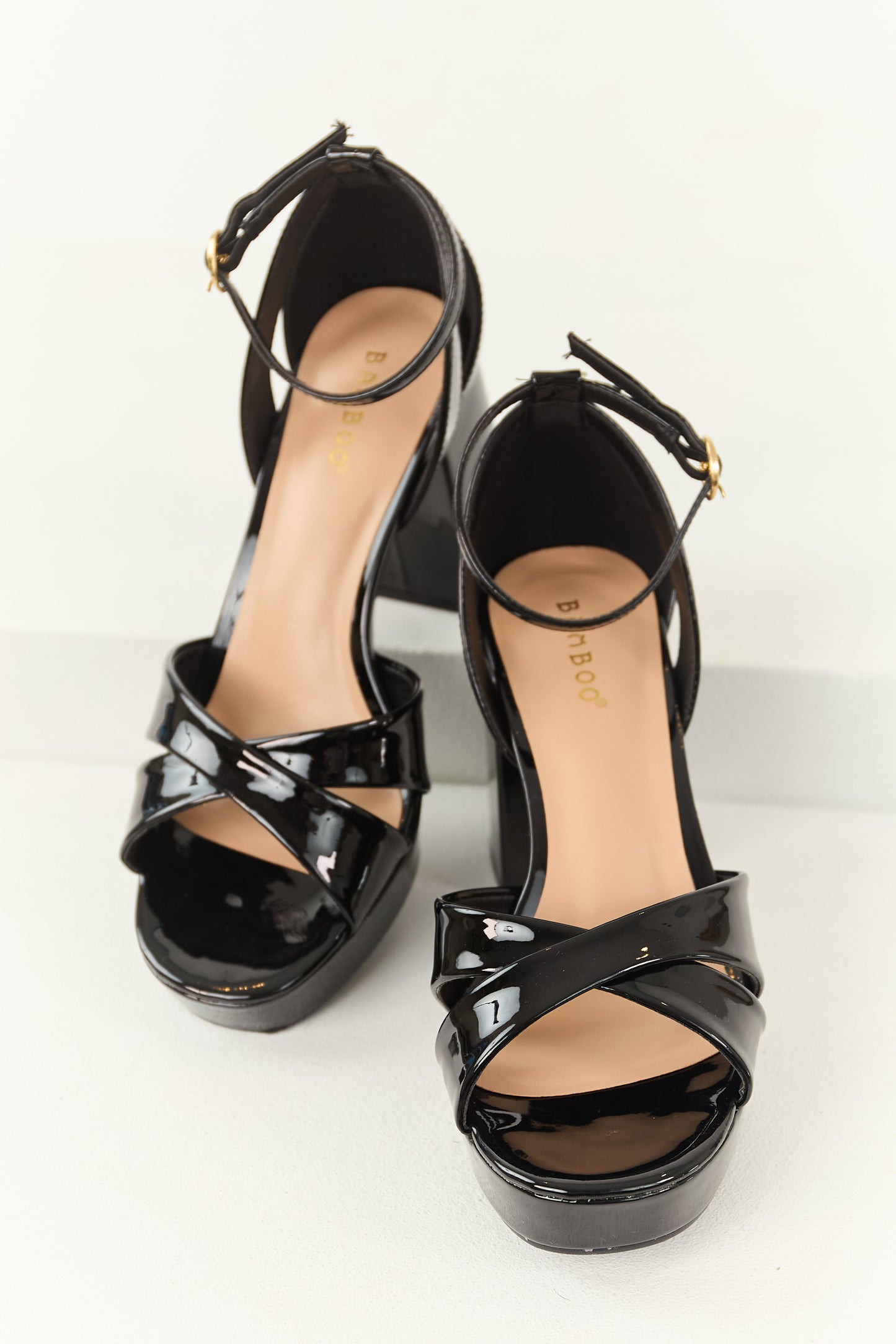 Black Open Toe Strappy Platform Block Heels