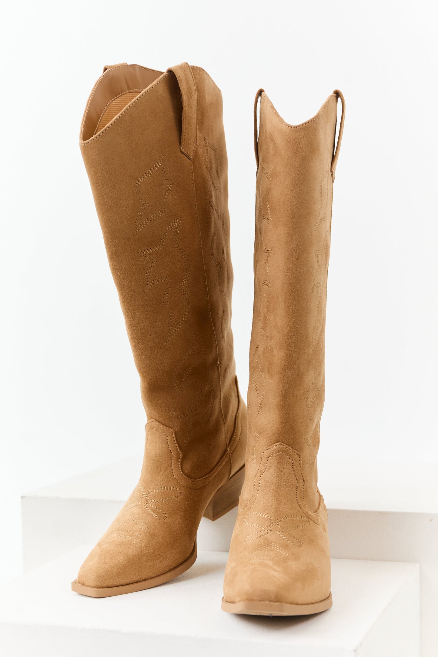 Camel Faux Suede Western Embroidered Tall Boots