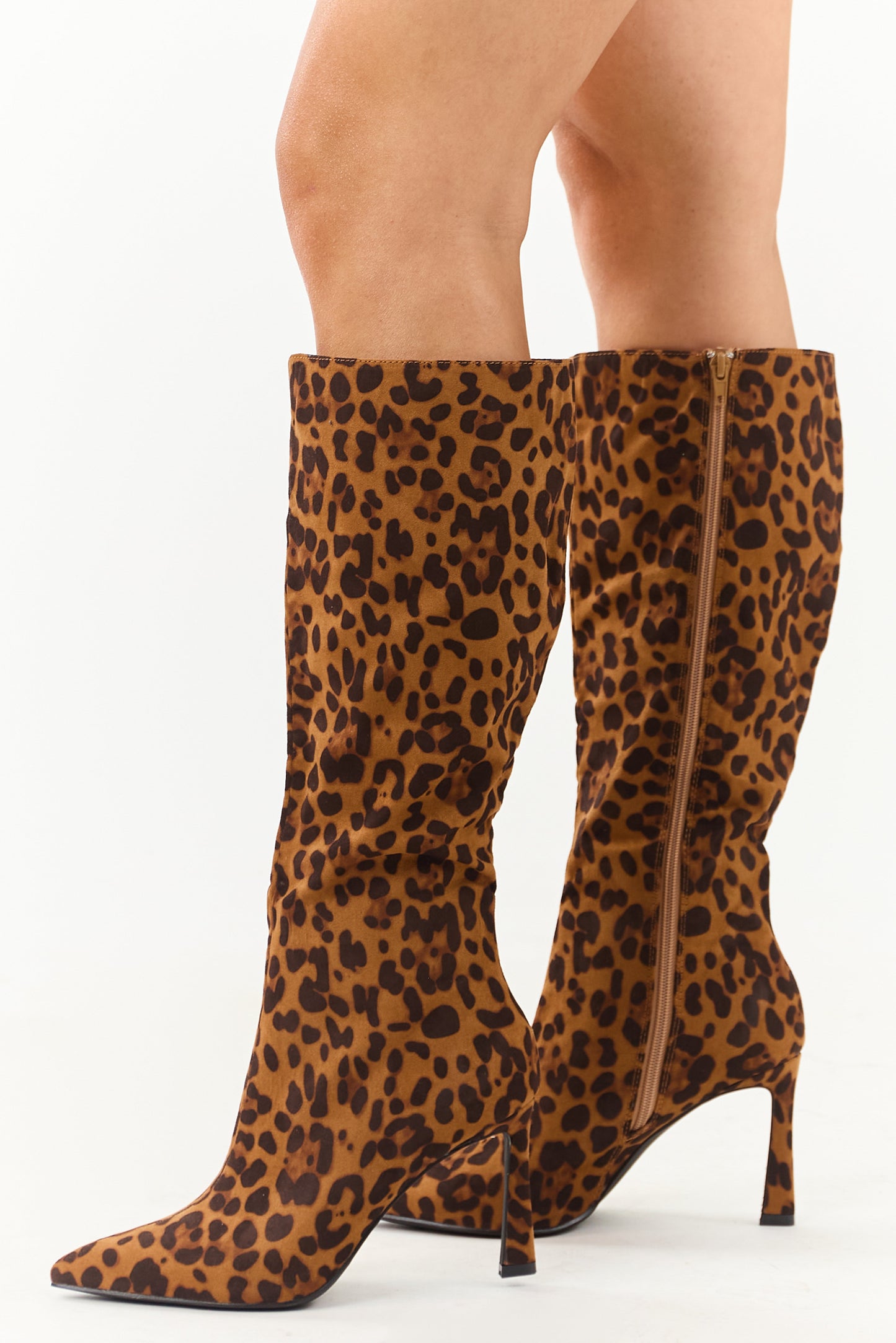 Caramel Faux Suede Leopard Print Stiletto Tall Boots