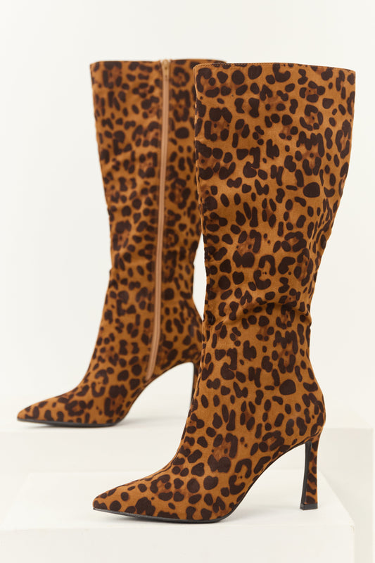 Caramel Faux Suede Leopard Print Stiletto Tall Boots
