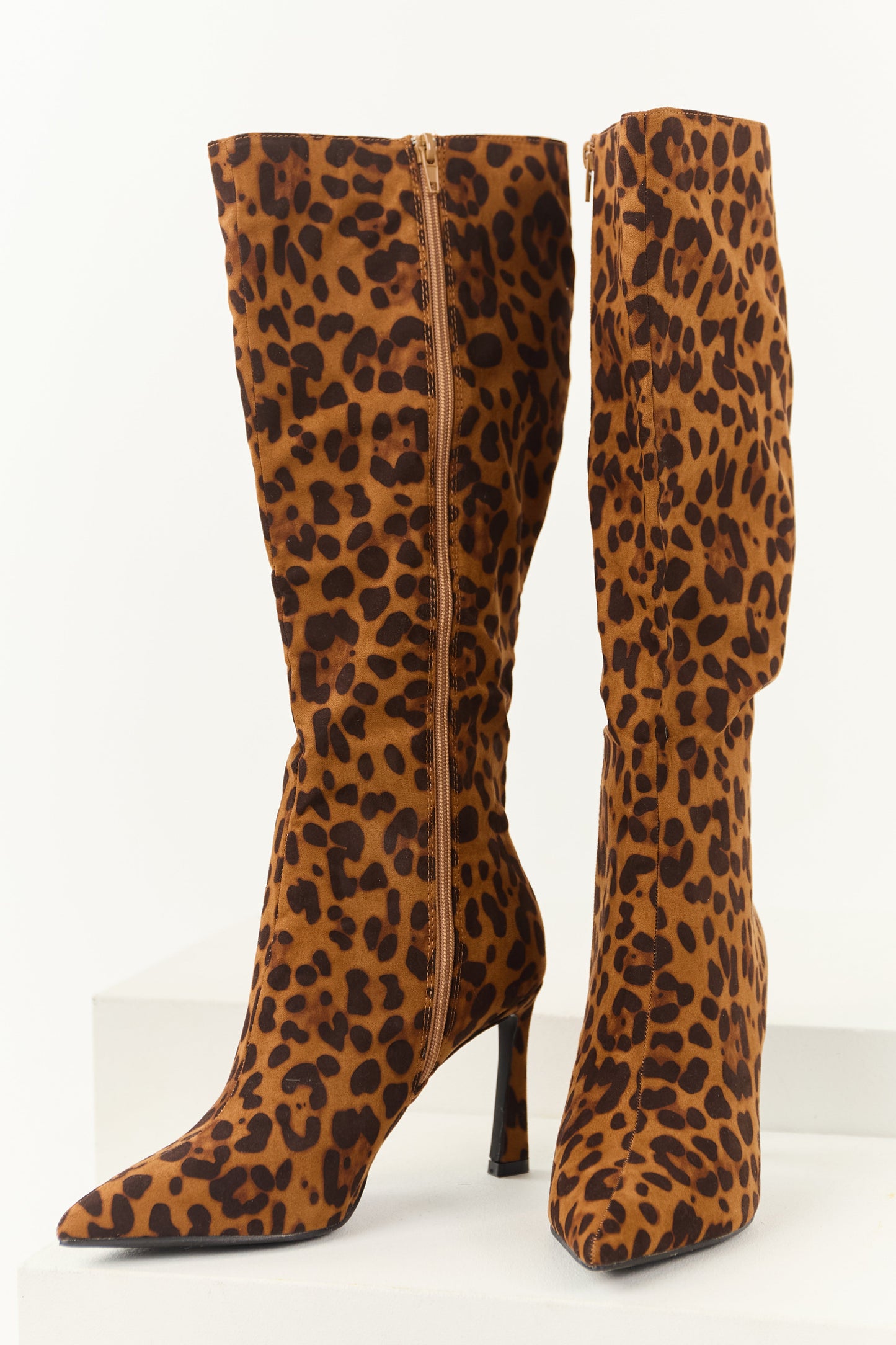 Caramel Faux Suede Leopard Print Stiletto Tall Boots