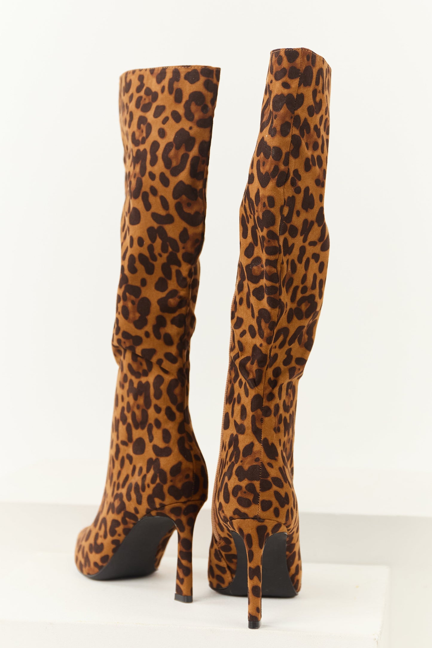 Caramel Faux Suede Leopard Print Stiletto Tall Boots