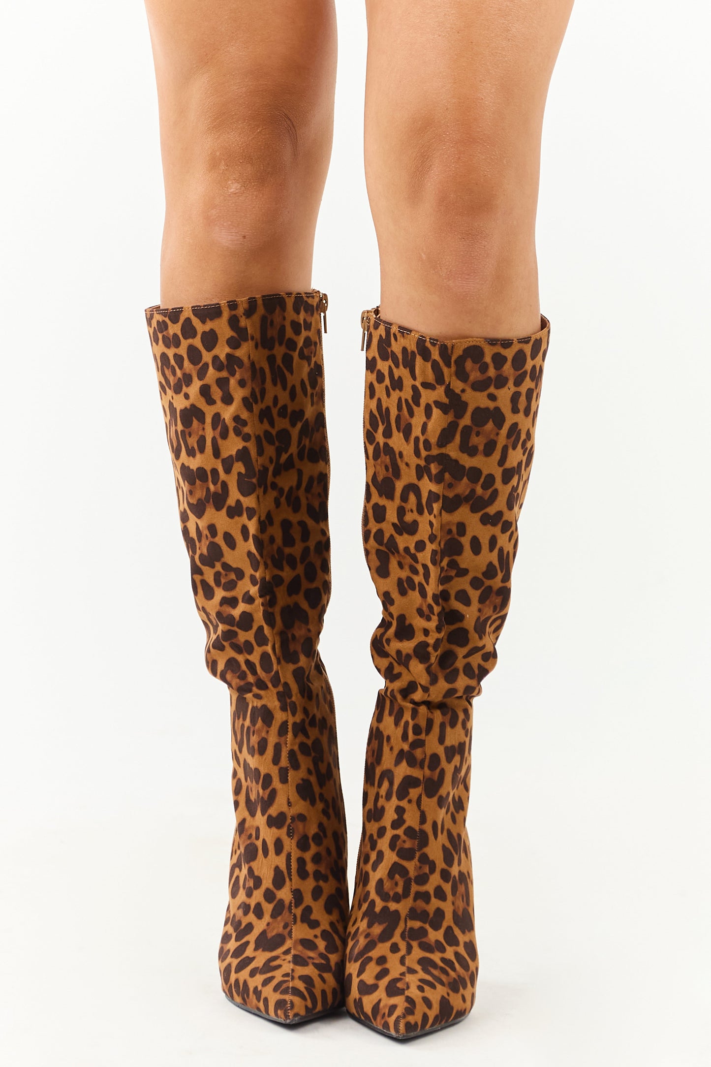 Caramel Faux Suede Leopard Print Stiletto Tall Boots