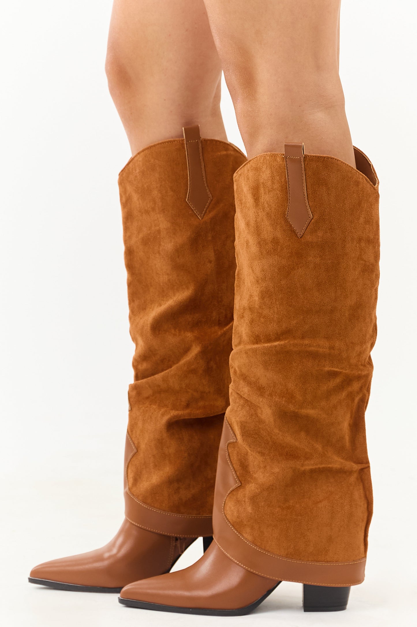 Caramel Faux Suede Overlay Knee High Cowboy Boots