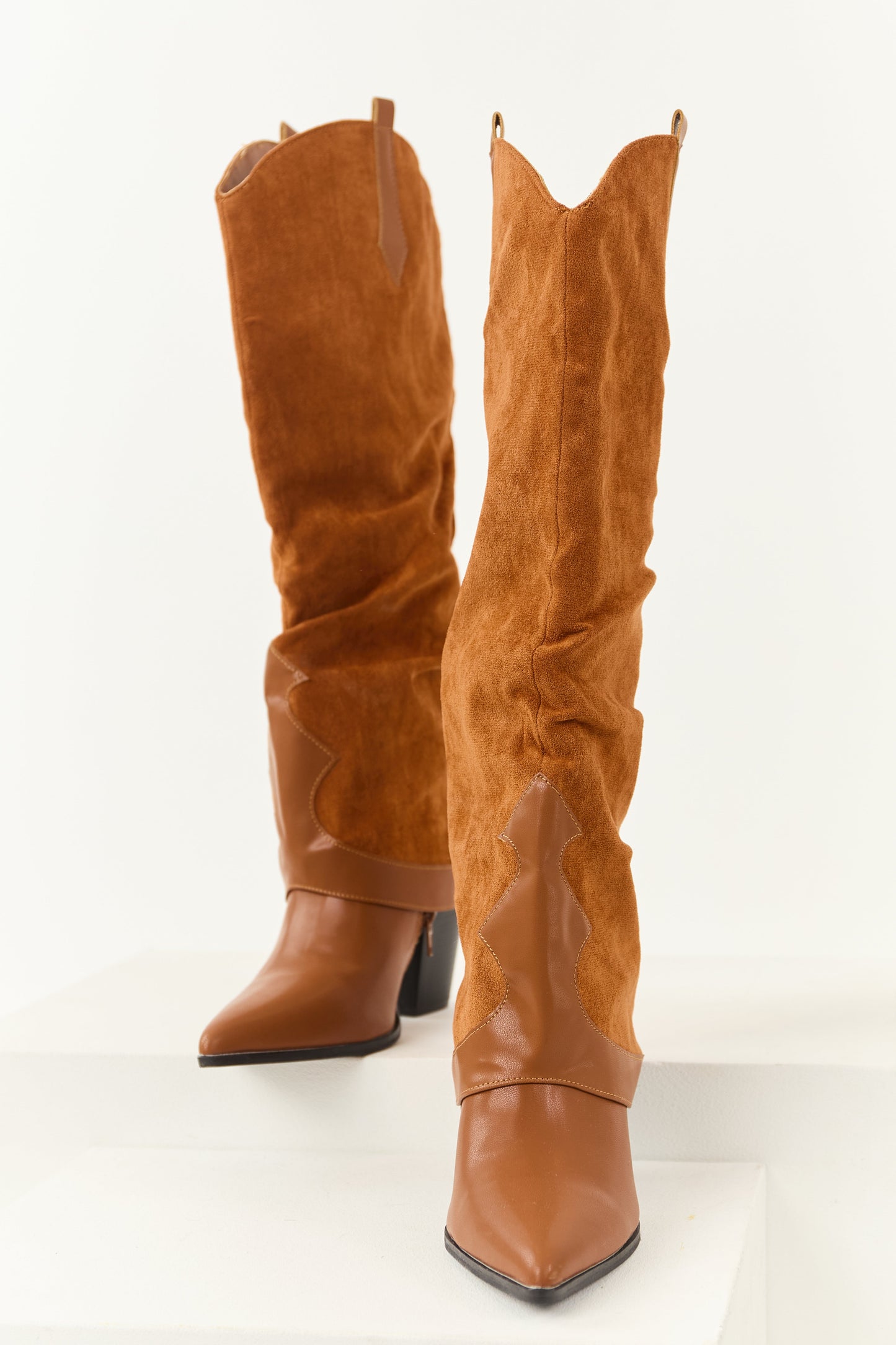 Caramel Faux Suede Overlay Knee High Cowboy Boots