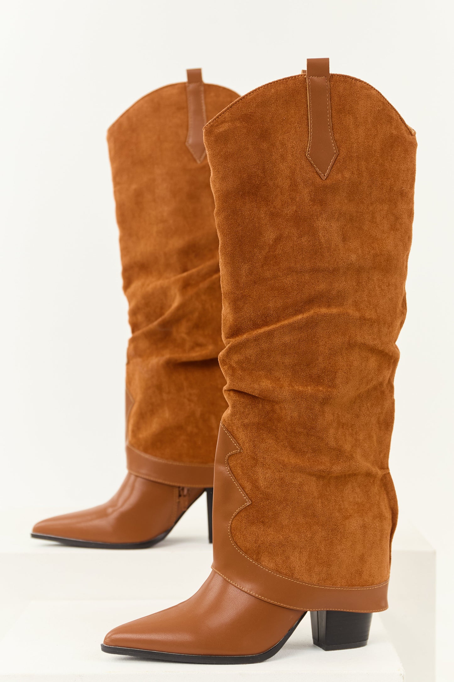 Caramel Faux Suede Overlay Knee High Cowboy Boots