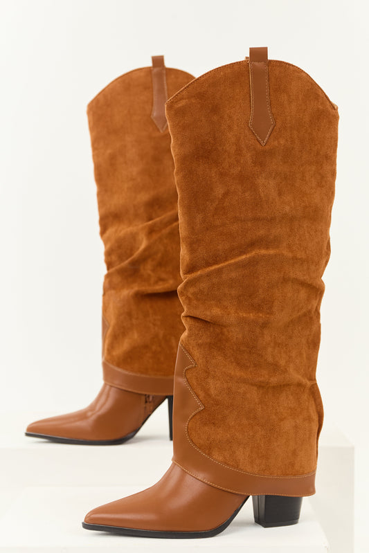 Caramel Faux Suede Overlay Knee High Cowboy Boots
