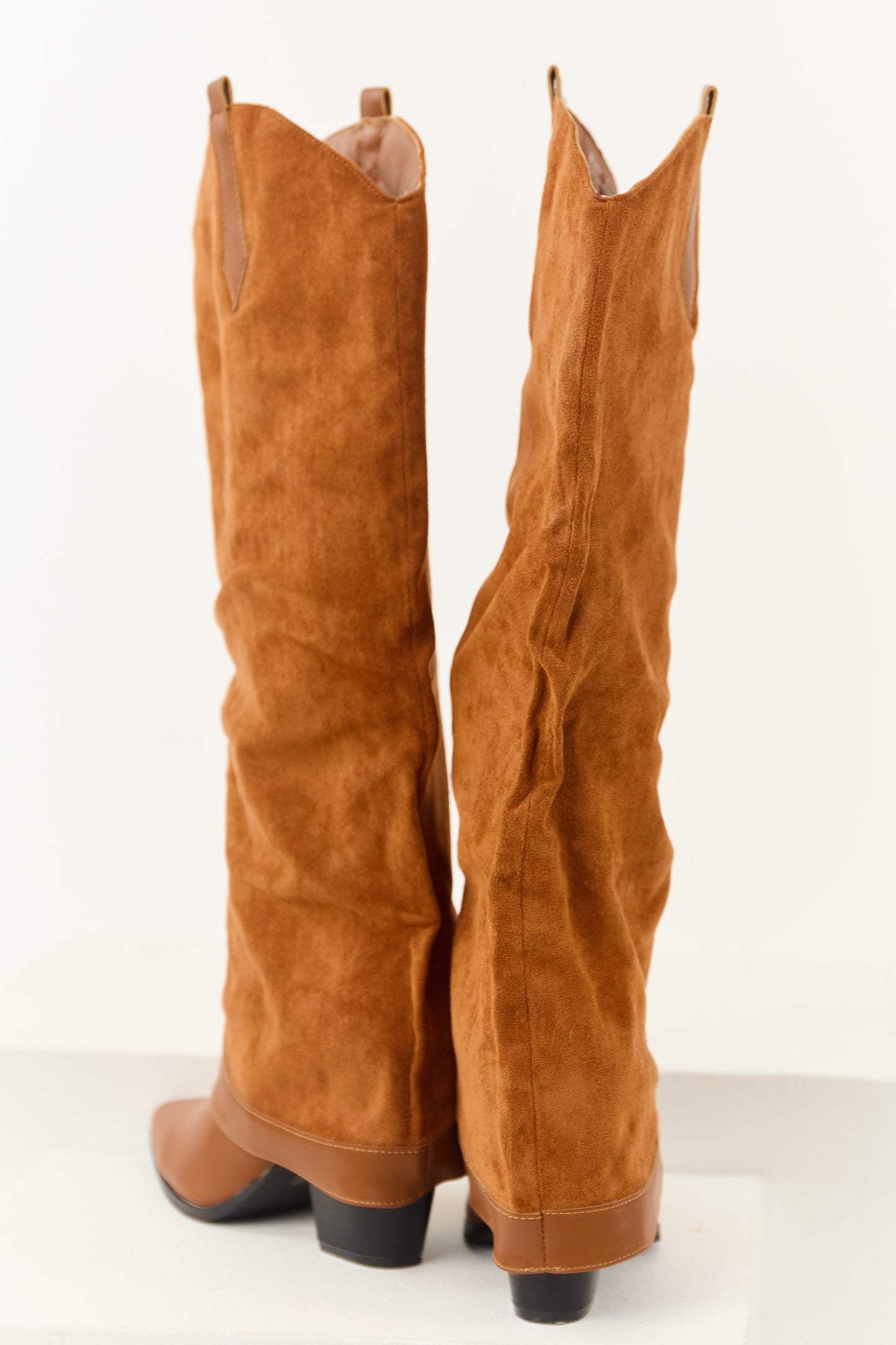 Caramel Faux Suede Overlay Knee High Cowboy Boots