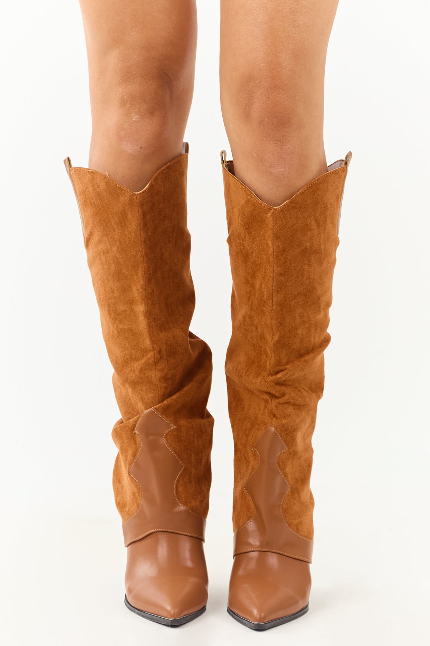 Caramel Faux Suede Overlay Knee High Cowboy Boots