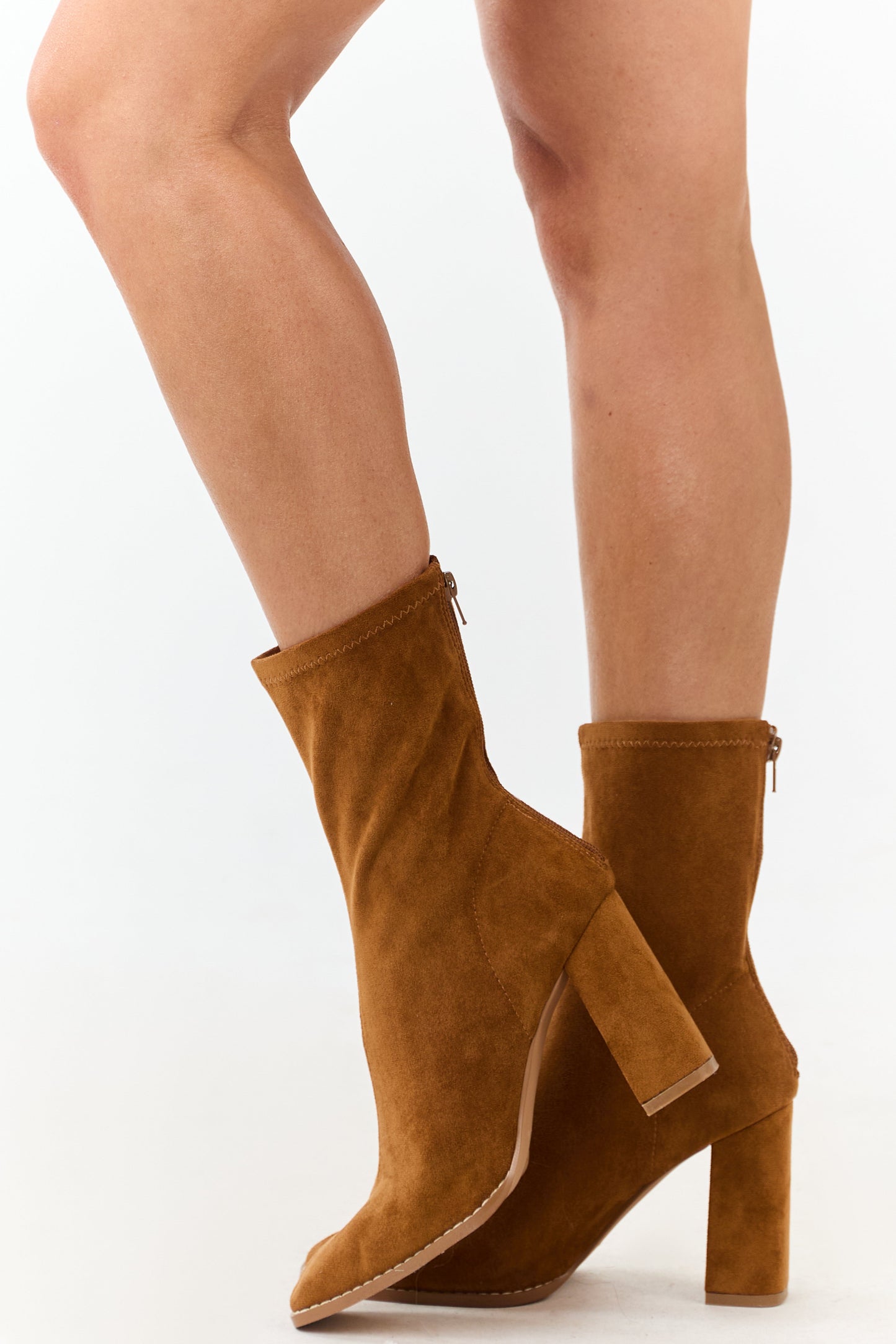 Caramel Faux Suede Square Toe Block Heel Boots