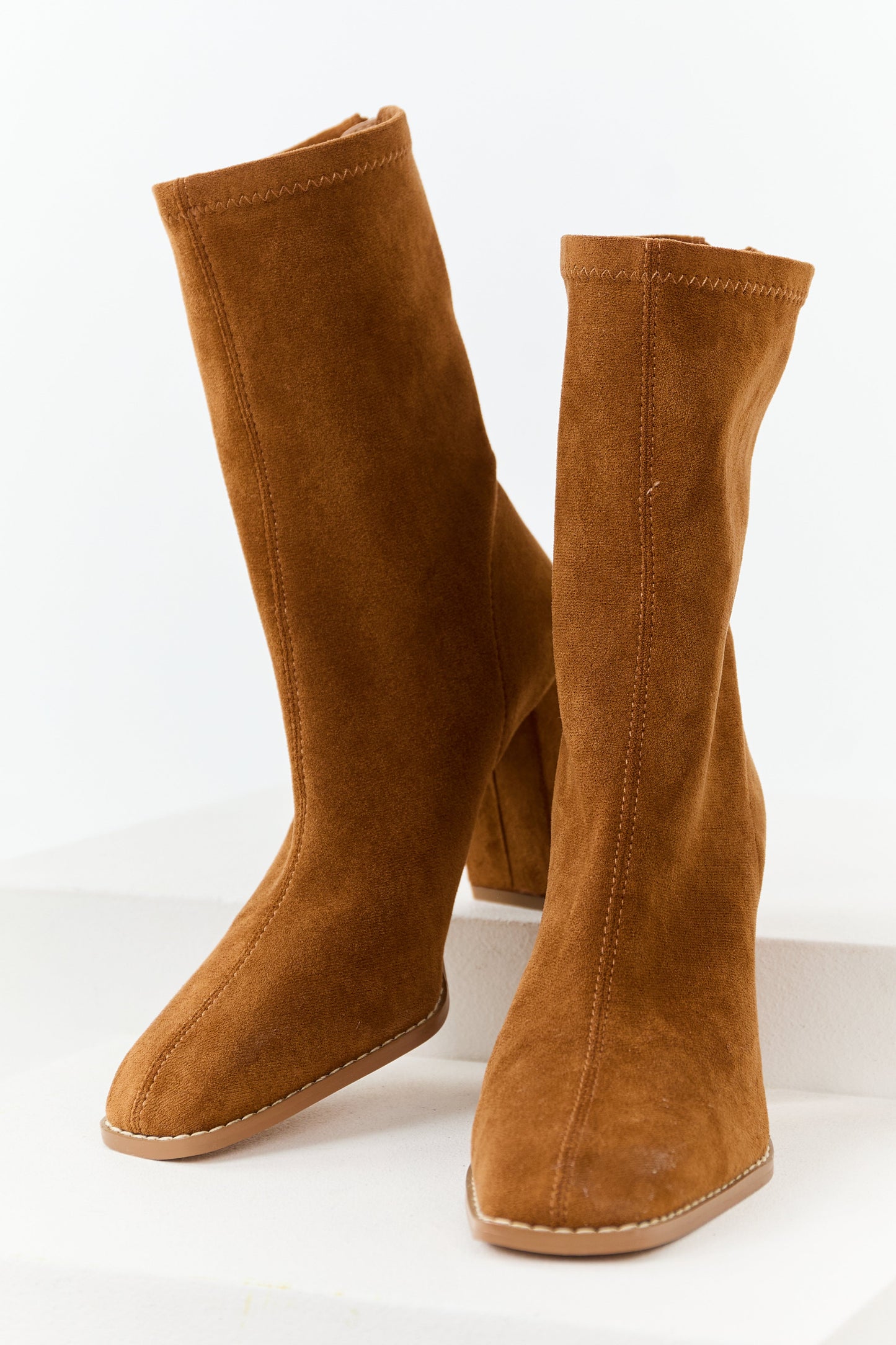 Caramel Faux Suede Square Toe Block Heel Boots