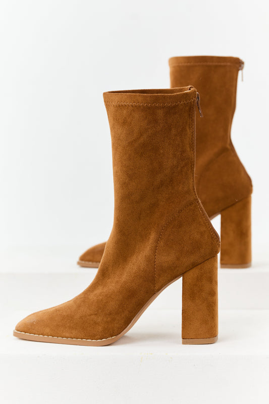 Caramel Faux Suede Square Toe Block Heel Boots