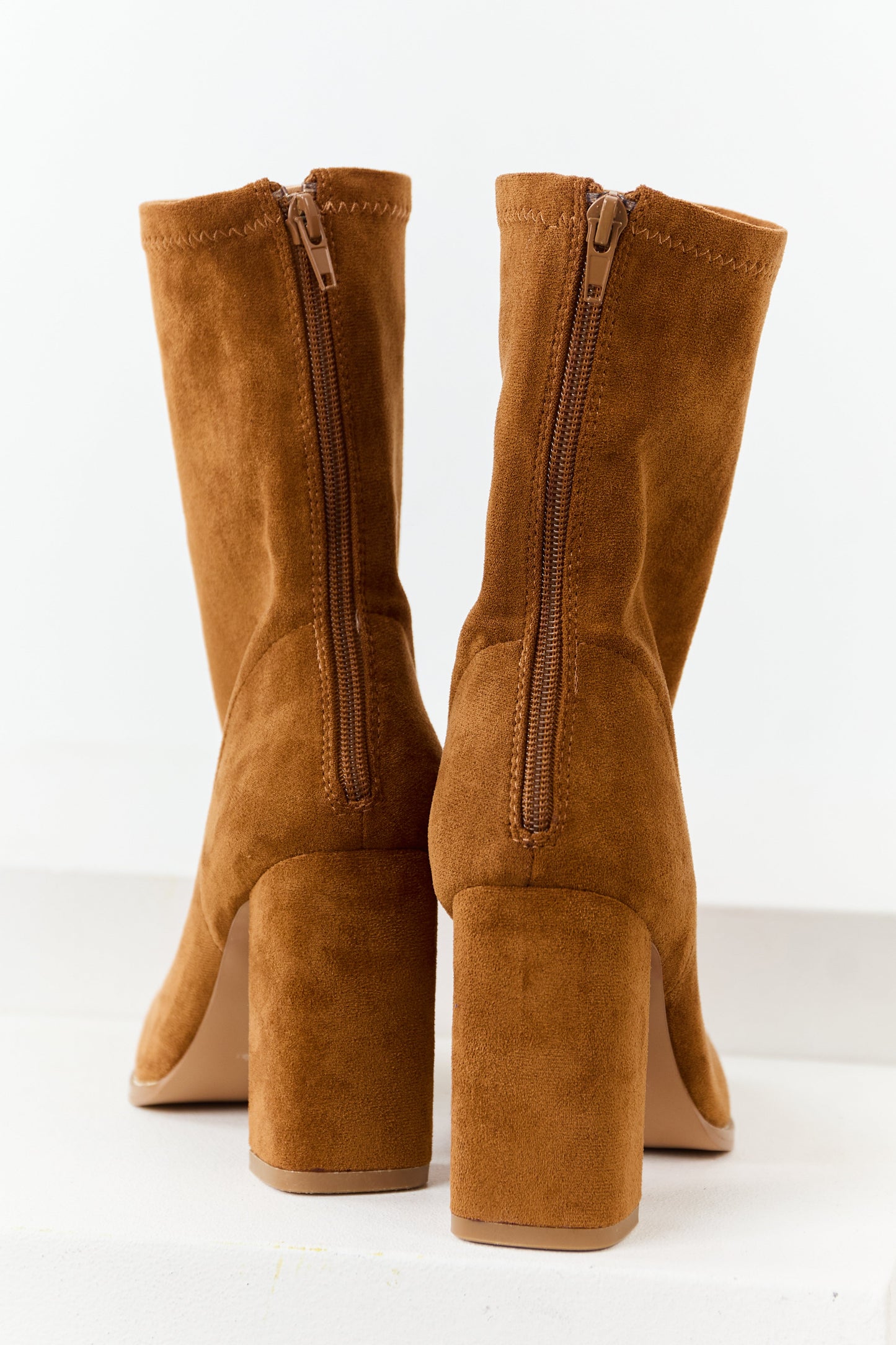 Caramel Faux Suede Square Toe Block Heel Boots