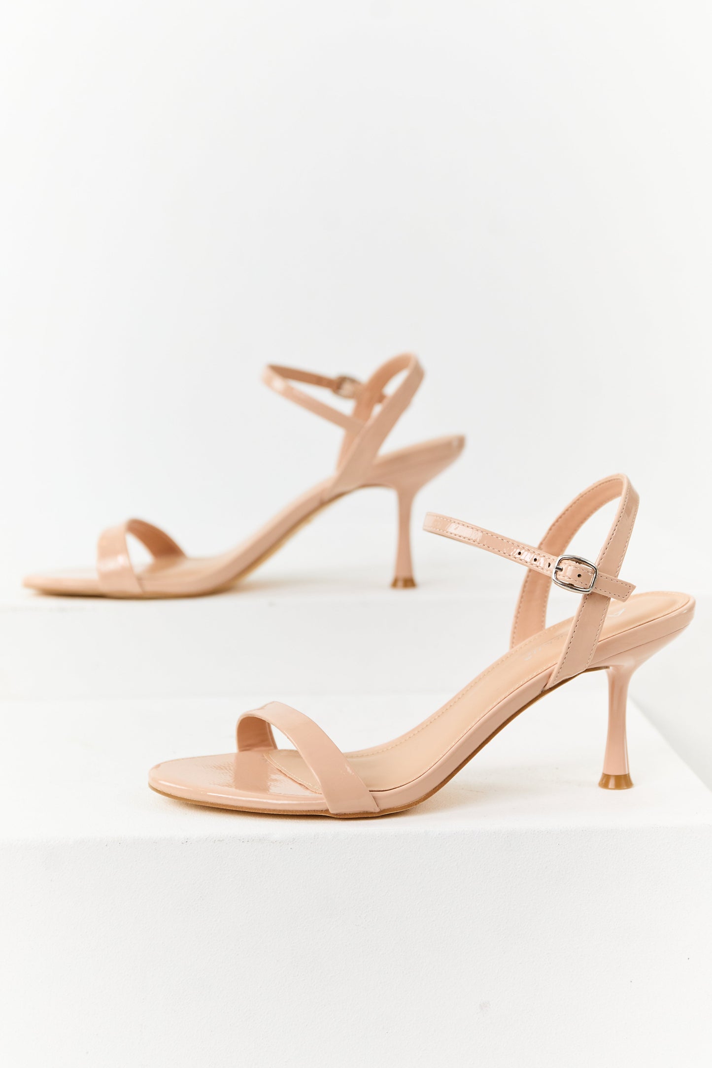 Champagne Patent Faux Leather Ankle Strap Heels