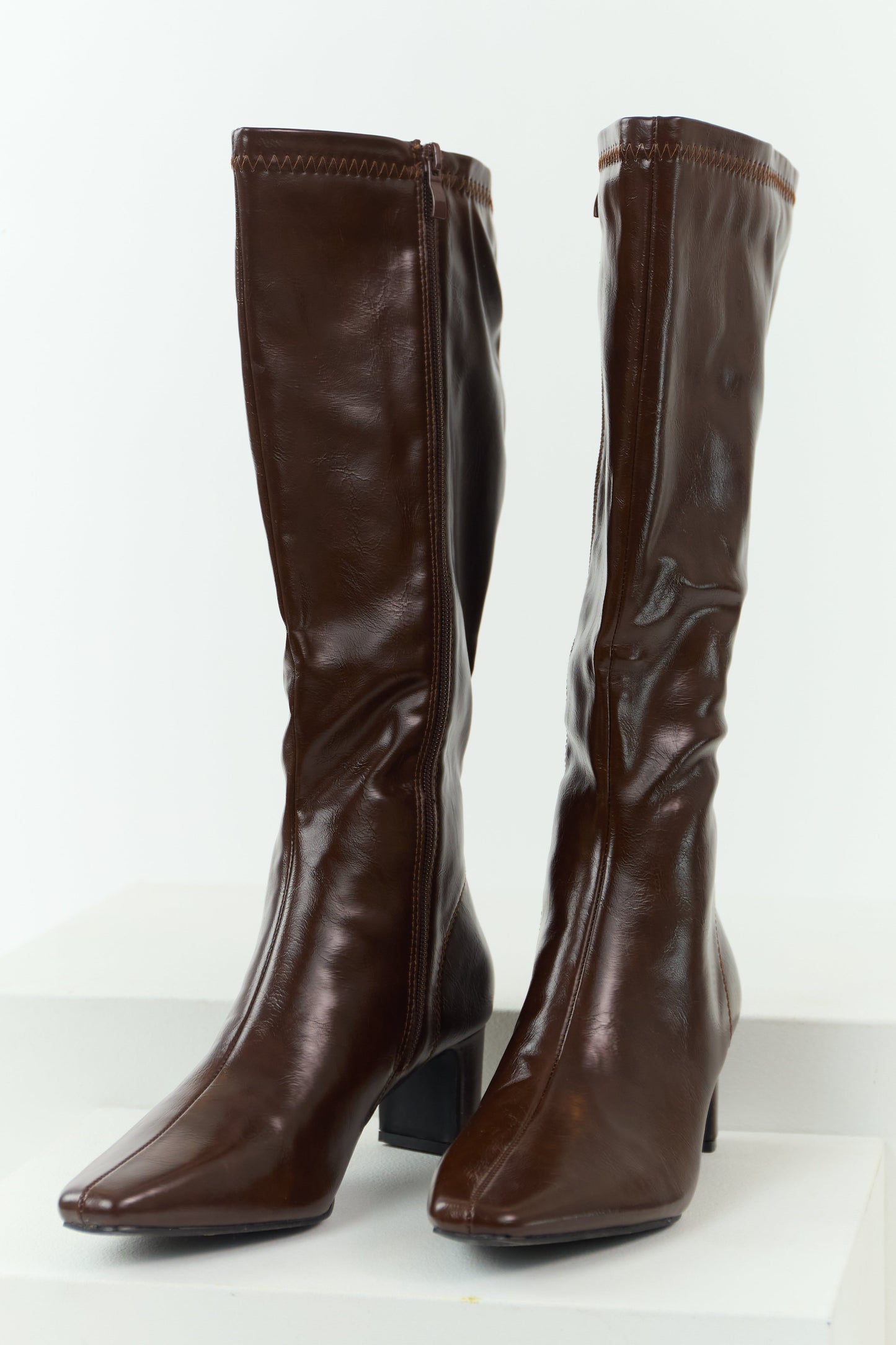 Chocolate Faux Leather Pointed Toe Tall Block Heel Boots