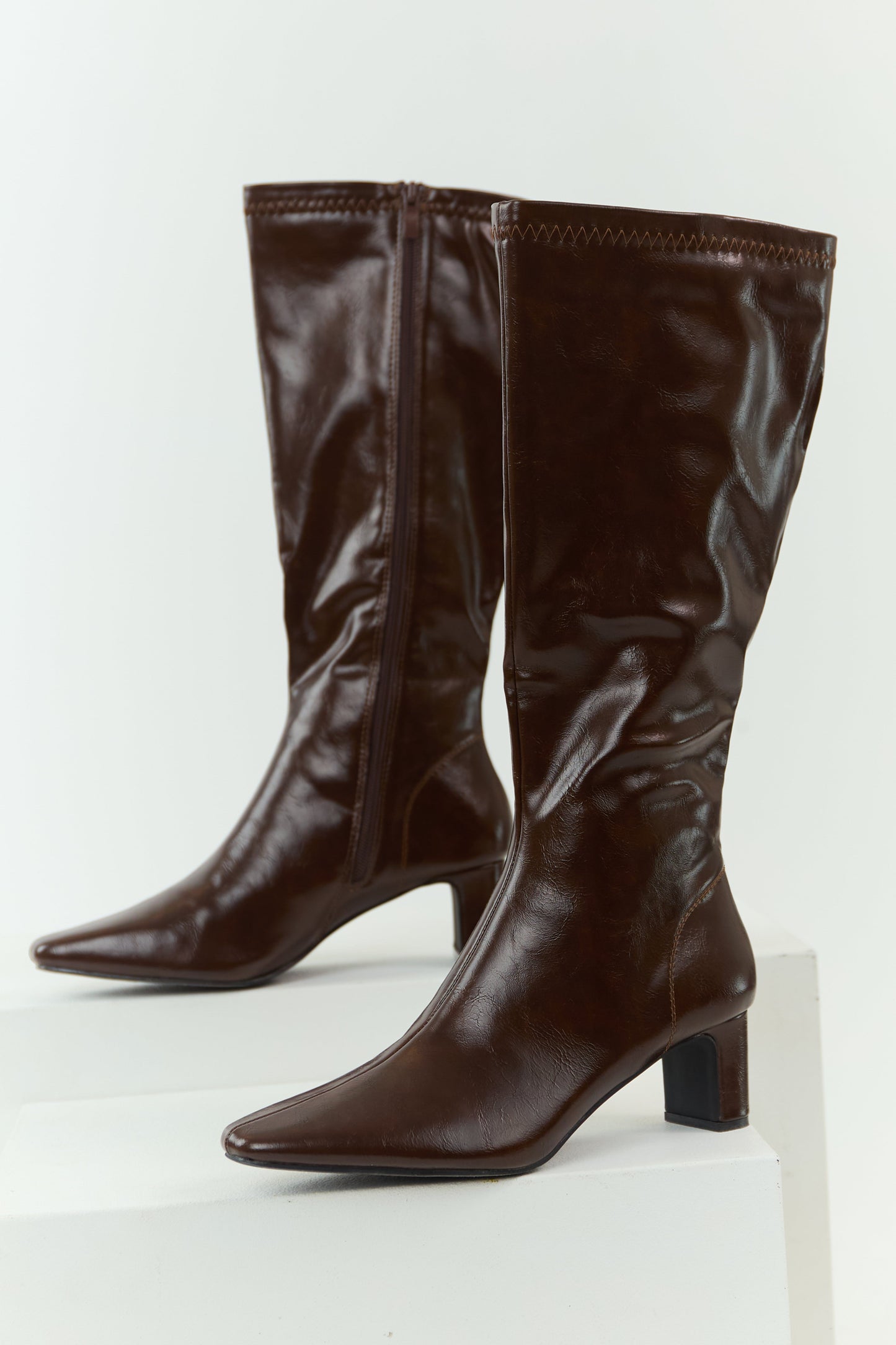 Chocolate Faux Leather Pointed Toe Tall Block Heel Boots