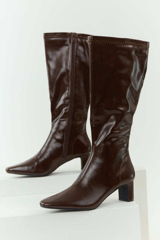 Chocolate Faux Leather Pointed Toe Tall Block Heel Boots
